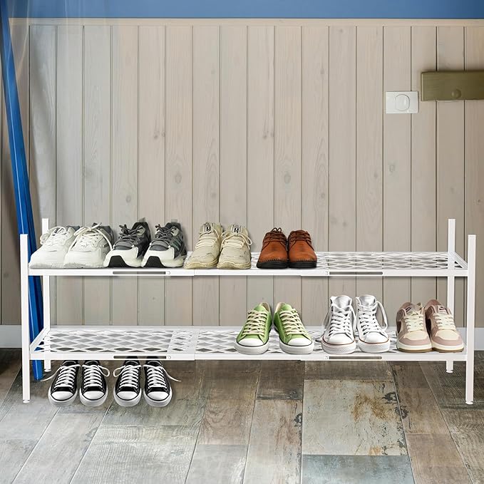 Shoe Rack, Expandable Shoes Organizer Metal Shelf Stand, 2 Tier Stackable Long Shoe Storage Holder For Closet, Floor, Entryway, Garage, Bedroom, Door Entrance For 12-18 Pairs, 45.6 inches White