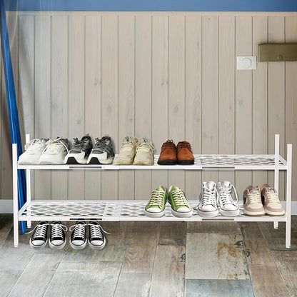 Shoe Rack, Expandable Shoes Organizer Metal Shelf Stand, 2 Tier Stackable Long Shoe Storage Holder For Closet, Floor, Entryway, Garage, Bedroom, Door Entrance For 12-18 Pairs, 45.6 inches White