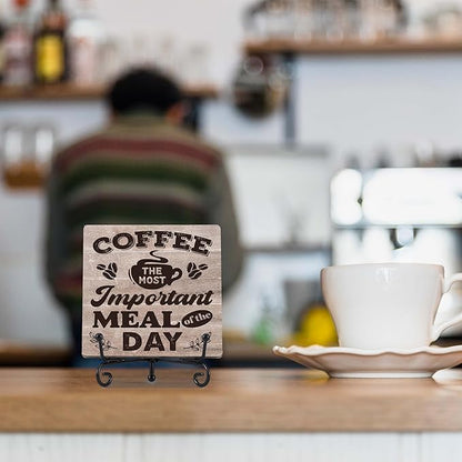 Coffee Bar Decor, Farmhouse Kitchen Table Decor, Coffee Station Accessories, Wooden Decorative Sign with Iron Stand for Table Desk Shelf Display-E18