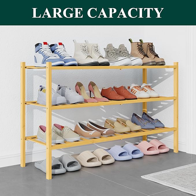 Smiry Bamboo Shoe Rack for Closet, 3 Tier Long Wooden Stackable Shoe Organizer, Free Standing Shoes Storage Shelf for Entryway, Front Door Entrance, Natural