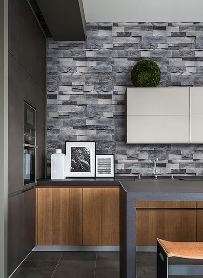 Timeet Grey Brick Wallpaper Peel and Stick Wallpaper Vintage Brick Wallpaper 17.7”X 393.7” Self-Adhesive Removable Wallpaper for Kitchen Bedroom Living Room Decoration