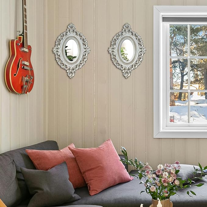 Cityelf 2 Set Oval Wood Carved Wall Mirror Baroque 3D Relief Rustic Home Decor Small Decorative Hanging Mirrors for Living Room, Bedroom Entrance Wall Sculpture