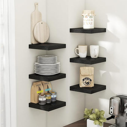 8 Inch Square Floating Shelves for Wall 3 Pack, 8"D Wood Grain Bathroom Shelves with Invisible Brackets, Easy Install Engineered Wood Storage Shelves for Kitchen, Living Room, Bedroom, Black Finish