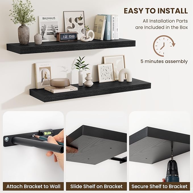 Fun Memories Floating Shelves Set of 2, 40 Inch Long Wooden Wall Shelves, 10 Inch Deep Wall Mounted Storage Shelf with Metal Brackets for Living Room, Bathroom, Bedroom and Kitchen, Black