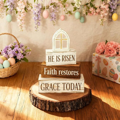 Easter Decorations - He Is Risen Cross Tiered Tray Decor - Faith Restores Grace Today Religious Wooden Tabletop Sign - Farmhouse Easter Christian Home Decor Indoor - Spring Home Decor for Living Room, Kitchen Counter, Seasonal Farmhouse Display