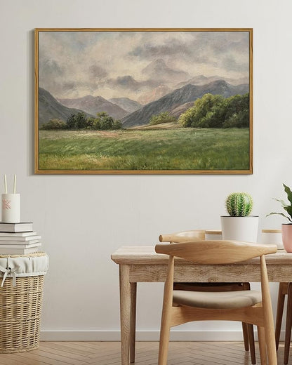 SHENIFY Landscape 16x24in Large Vintage Framed Canvas Wall Art Classical Prairie and Mountain Prints Farmhouse Bathroom Office Decor - Natural Framed