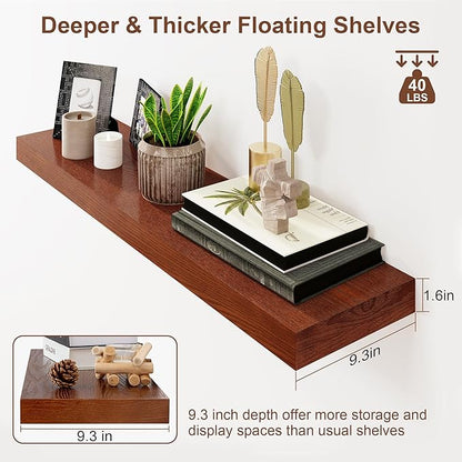 RICHFOCUS Floating Shelves for Wall | 9.3 Inch Deep Rustic Set of 2 With Solid Ash Wood Veneer | 36 Inch With Upgraded Brackets | for Living Room Bathroom Home Office