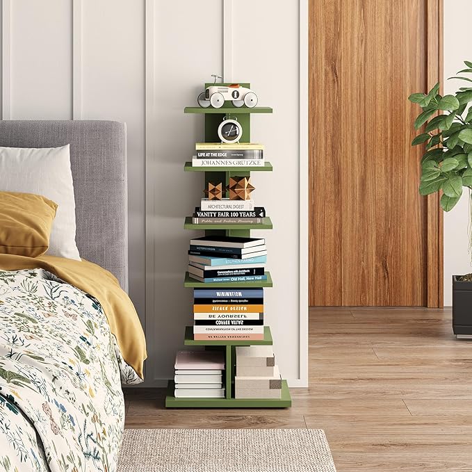 TUTOTAK Bookshelf, 6-Tier Bookcase, Narrow Spine Book Shelf for Small Space, Corner Standing Shelf for Living Room, Office, Study, Entryway, Olive Green BS06BOG016