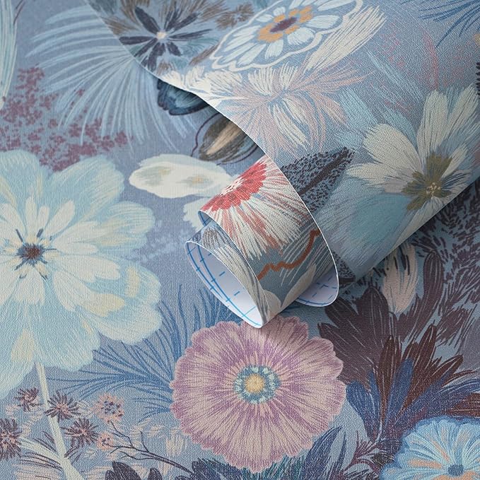 Ismoon Floral Peel and Stick Wallpaper Vintage Blue Contact Paper Jellyfish Ocean Stick on Wall Paper Removable Self Adhesive Vinyl Wallpaper for Bedroom Wall Decor Cabinet Refurbishment 17.3x393in