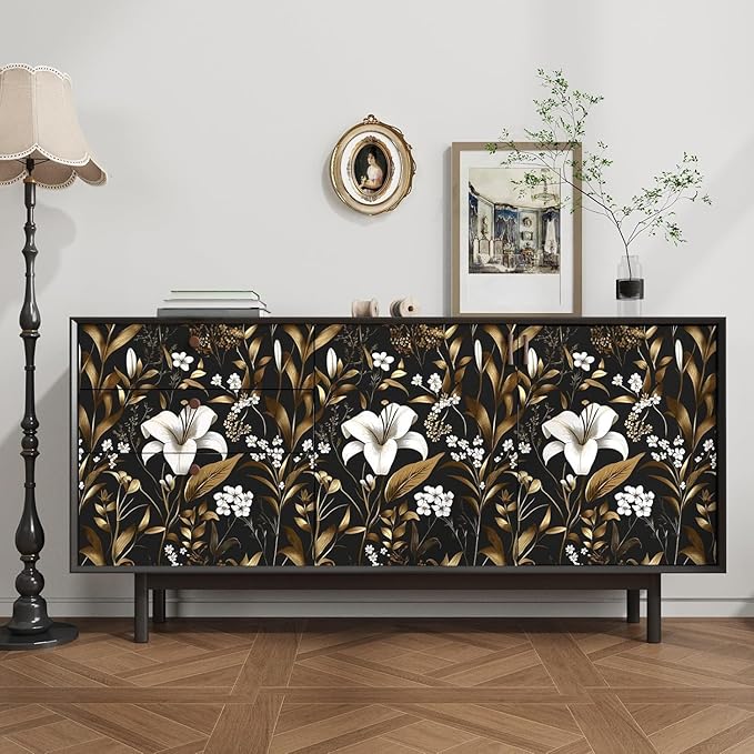 Black Gold Wallpaper Peel and Stick, Dark White Floral Vintage Contact Paper 17.5