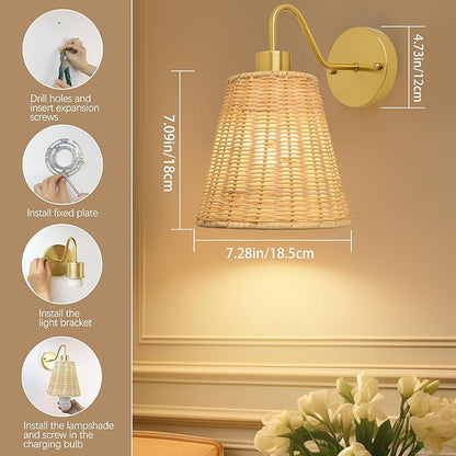 Rattan Rechargeable Battery Operated Wall Sconces Set of 2, Wireless Battery Operated Wall Lights with Remote, 12 Color LED Dimmable 5000mAh Boho Lighting for Bedroom Living Room Hallway