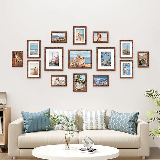 Vittanly 15 Pack Picture Frames Collage Wall Decor for Mounting or Tabletop Display, Gallery Frame Set for Family, Multi Sizes Including 3pcs 8x10, 6pcs 5x7, 6pcs 4x6, Rustic Brown