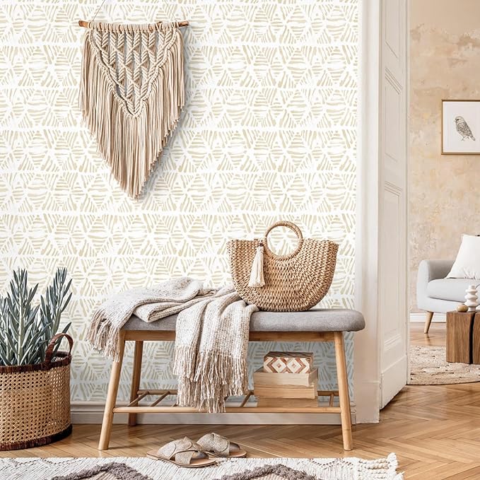 Peel and Stick Wallpaper Boho Wallpaper Geometric Beige and White Contact Paper Modern Striped Self-Adhesive Removable Wall Paper for Bedroom Cabinets Drawers Vinyl Roll 17.3" x 78.7"