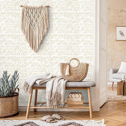 Peel and Stick Wallpaper Boho Wallpaper Geometric Beige and White Contact Paper Modern Striped Self-Adhesive Removable Wall Paper for Bedroom Cabinets Drawers Vinyl Roll 17.3" x 78.7"