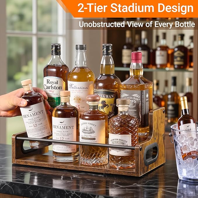 2-Tier Liquor Bottle Display Shelf, Coffee Syrup Rack Organizer, Water Bottle Organizer, Mini Bar Cabinet, Rustic Bar Shelves for Liquor Whiskey, Spirits