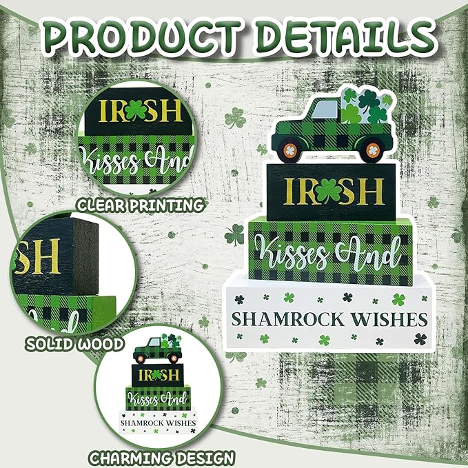 St. Patrick's Day Decorations, 4 Pcs Wooden St. Patrick's Day Table Decorations, Shamrock Truck Tiered Tray Decor, Wooden Table Sign for Desk Shelf Mantel Centerpiece, Indoor Home Decor