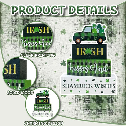 St. Patrick's Day Decorations, 4 Pcs Wooden St. Patrick's Day Table Decorations, Shamrock Truck Tiered Tray Decor, Wooden Table Sign for Desk Shelf Mantel Centerpiece, Indoor Home Decor