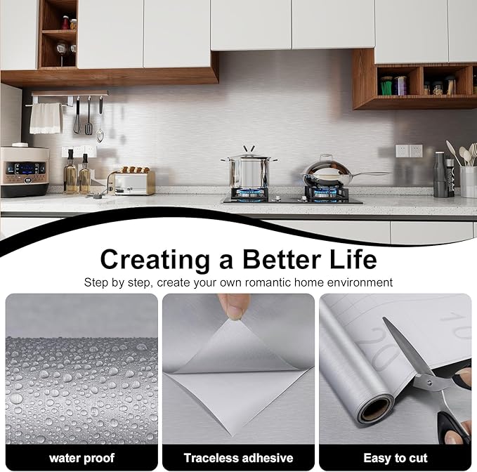 Stainless Steel Contact Paper 23.6"x 196" Silver Stainless Steel Contact Papers Peel and Stick Countertop Removable Self Adhesive Thick Texture Vinyl Waterproof Wallpaper for Fridge Kitchen Cabinets