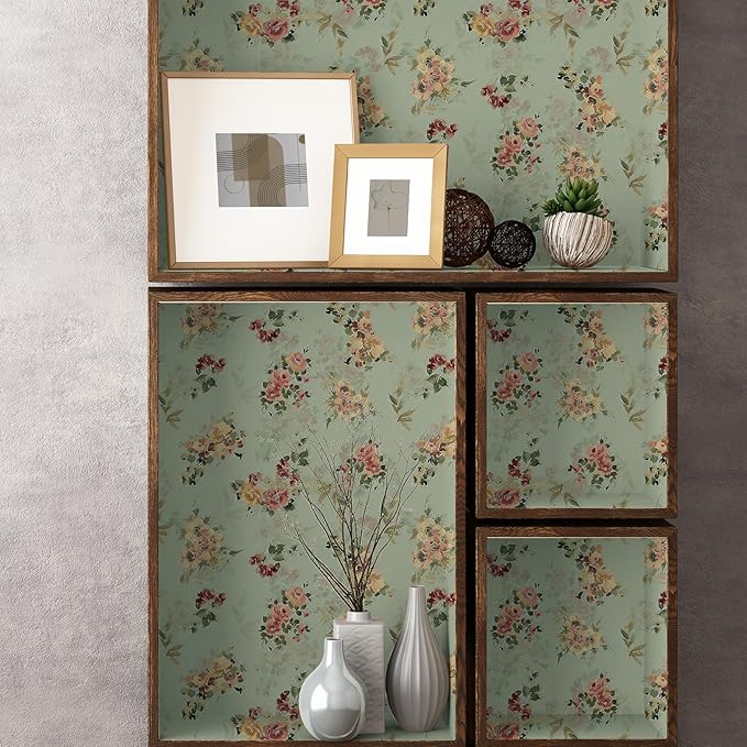 Vintage Green Floral Wallpaper Peel and Stick French Flower Wallpaper 17.7