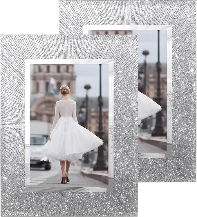 4x6 Picture Frame Set of 2 - Crystal Glass Picture Frame, 4 by 6 Glitter Silver Wedding Photo Frames for Tabletop and Wall Display Vertically of Horizontally