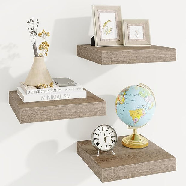 Marsmiles Square Floating Shelves for Wall, 12" W x 12" D x 1.5" H, 3 Pack Small Wall Mounted Engineered Wood Shelves with Invisible Brackets for Living Room, Bedroom, Bathroom, Kitchen Decor, Grey