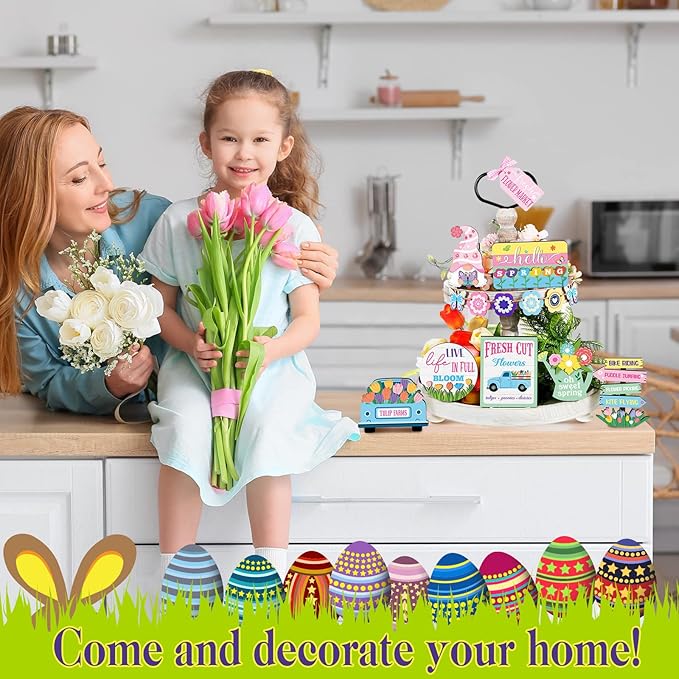 Amyhill 14 Pcs Spring Tiered Tray Decor Farmhouse Easter Decorations Hello Spring Wooden Signs Gnome Flower Butterfly Mini Table Decor for Home Kitchen Coffee Bar Shelf