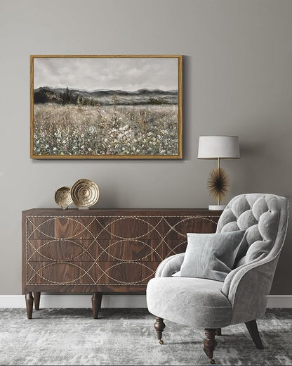 SHENIFY 16x24in Large Vintage Landscape Framed Canvas Wall Art Prairie in Full Bloom Classic Painting Modern Farmhouse Bathroom Office Decor - Natural Framed