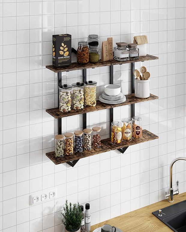 3 Tier Floating Shelves, Set of 2 Wall Shelves for Living Room, Modern Geometric Wooden Shelf for Wall Decor, Hanging Storage Shelf for Bedroom Bathroom Kitchen Home Office (Rustic Brown)