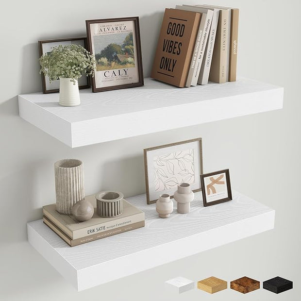 Fun Memories 24 Inch Floating Shelves Wall-Mounted, 12 Inch Deep Wall Shelves, 24 x 12 Floating Shelf, Deep Storage Shelf for Living Room Bathroom Bedroom, White, Set of 2