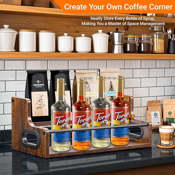 2-Tier Liquor Bottle Display Shelf, Coffee Syrup Rack Organizer, Water Bottle Organizer, Mini Bar Cabinet, Rustic Bar Shelves for Liquor Whiskey, Spirits