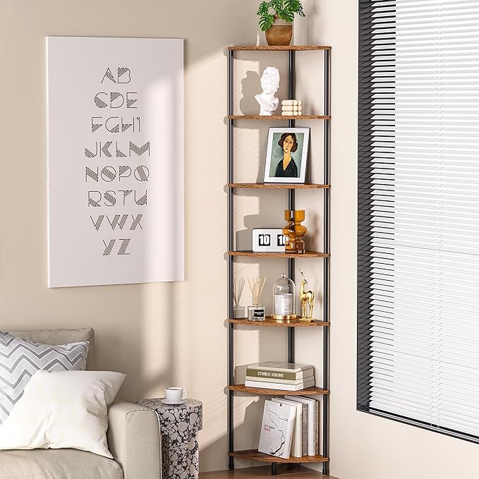 Corner Plant Stand Shelf, 7 Tier Tall Plant Stand for Indoor Plants, Rustic Brown Corner Book Wall Decor Living Room, 64.7