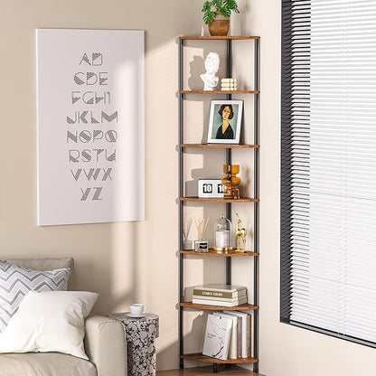 Corner Plant Stand Shelf, 7 Tier Tall Plant Stand for Indoor Plants, Rustic Brown Corner Book Wall Decor Living Room, 64.7" Display Shelf for Bedroom, Bathroom, Small Space