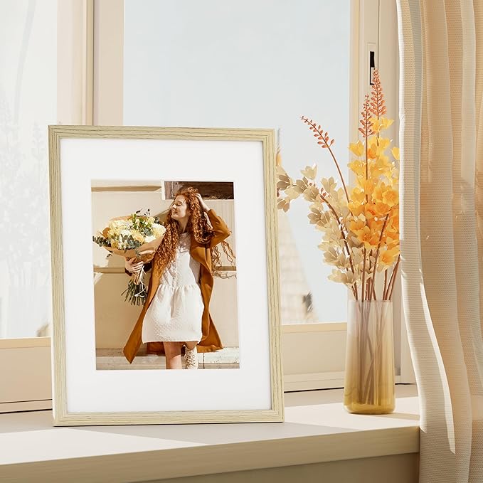 Vittanly 11x14 Picture Frame Set of 4, Display Pictures 8x10 with Mat or 11x14 without Mat, Gallery Wall Frame Set for Wall or Tabletop, Engineered Wood with Shatter Resistant Plexiglass, Natural