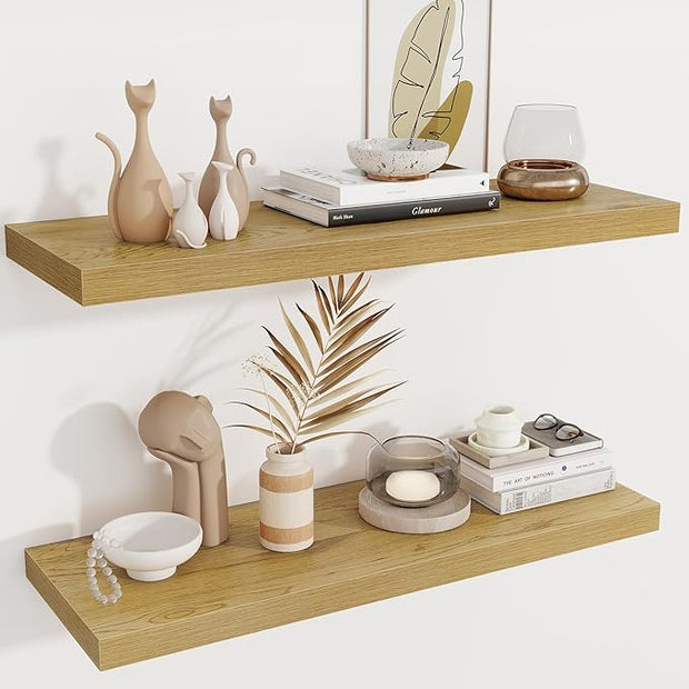 Fun Memories Deep Floating Shelves, 36" W x 12" D Wood Floating Shelves for Wall, 2 Pack Extra Deeper & Thicker Wall Mounted Storage Shelf for Living Room Laundry Room Kitchen Home Office, Oak