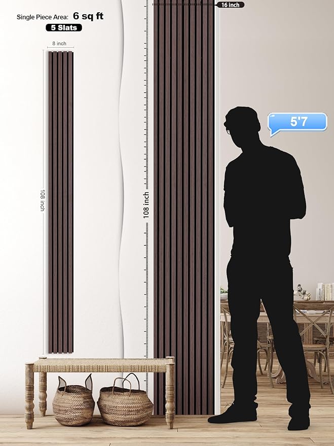 Mollywell Wood Slat Wall Panels - Time-Saving Installation Soundproof Slat Panels on Any Wall Surface, 0.95 NRC Dual-Layer Acoustic Design, Commercial-Grade MDF Core (2 Pack, 108x8in, Dark Walnut)