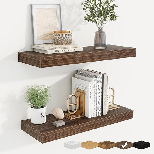 fuqing Floating Shelves for Wall, Wall Mounted Wood Floating Shelf with Invisible Brackets for Living Room, Bathroom, Bedroom, Kitchen Storage and Decor, 20 Inch Set of 2, Walnut