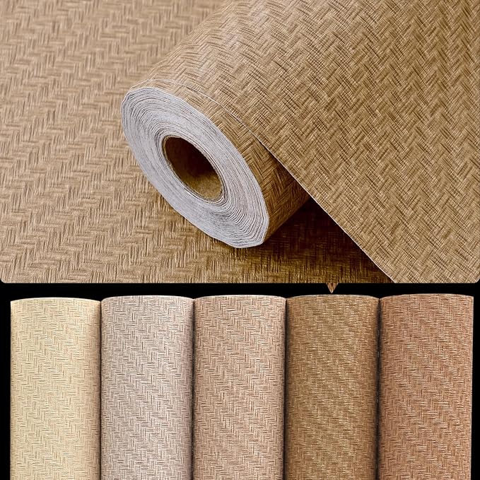 Haimin Fabric Wallpaper Textured Contact Paper (24in X 393in) Grasscloth Peel and Stick Faux Linen Wall Paper Self Adhesive Vinyl Wallpaper (Tan)