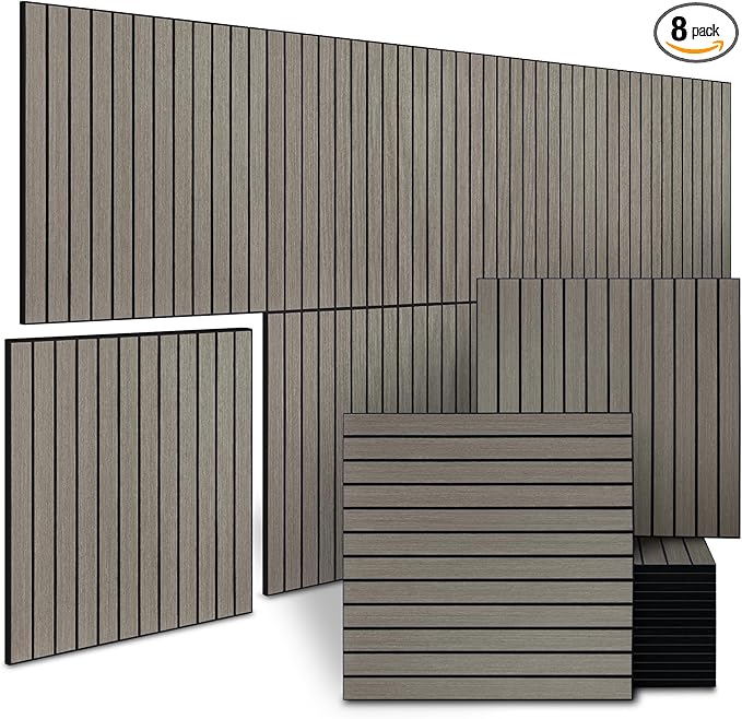 8-Pack Peel and Stick Acoustic Wall Panels, 11.8" x 11.8" PET Soundproof & Noise Cancelling Acoustic Felt, Self-Adhesive 3D Sound Absorbing Slat Wall Paneling for Interior Wall Decor, Gray