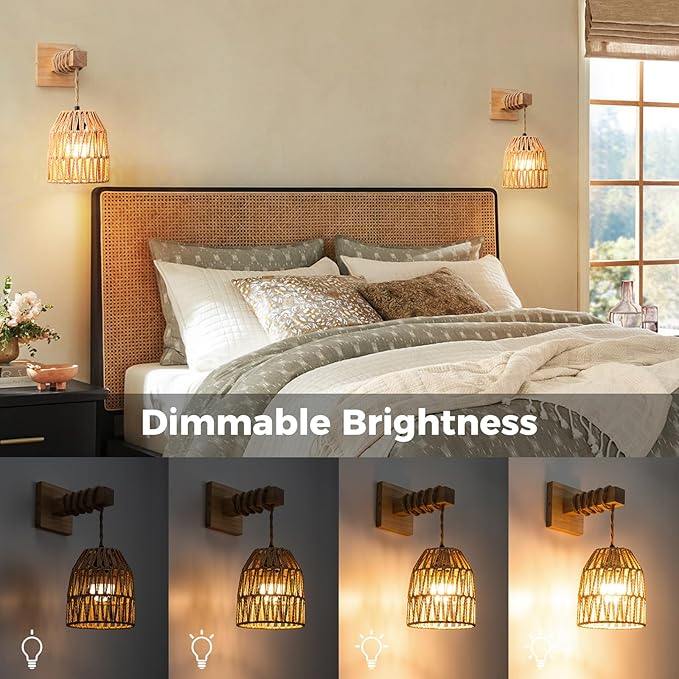 Rattan Wall Sconces Battery Operated, Boho Wall Sconce, Battery Operated Wall Sconce Set of Two, Rechargeable Woven Lantern Wireless Wall Light/Lamp for Bedroom Home Decor