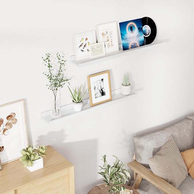 Floating Shelves for Wall, 36 inch Solid Wood Picture Ledge Shelf for Wall Storage, Nursery Book Shelves with Lip for Living Room Bathroom Bedroom Kitchen, Set of 2, Washed White