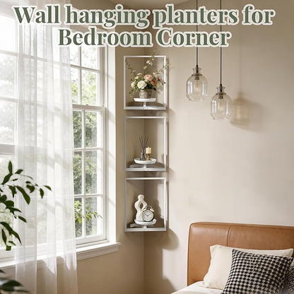 BXF Corner Wall Planters for Indoor Plants, 90 Degree Floating Shelves. Heavy Duty Mounted Holder, Minimalist Hanging Decor. Window Shelf Fits 4-7 Inch Pots (White, Frame 3 Pack)