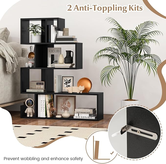 Giantex 5-Tier S-Shaped Bookshelf, Geometric Bookcase w/Open Cubes, Modern Decorative Display Shelf w/Anti-Toppling Kits, Freestanding Storage Rack for Living Room, Study, Home, Office, Black