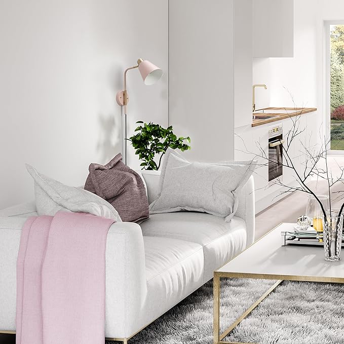 GLOBE Electric Cleo 1-Light Plug-in or Hardwire Wall Sconce, Blush Pink, Matte Brass Accents, Black Cloth Cord, Bulb Not Included