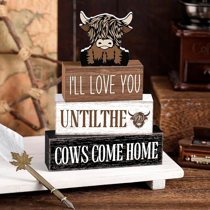 Marsui 4 Pcs Highland Cow Table Decorations Cow Wooden Signs Rustic Cow Tiered Tray Decor Western Tabletop Centerpieces Farmhouse Distressed Highland Cow Decor for Home Desk Room Kitchen Shelf Decor