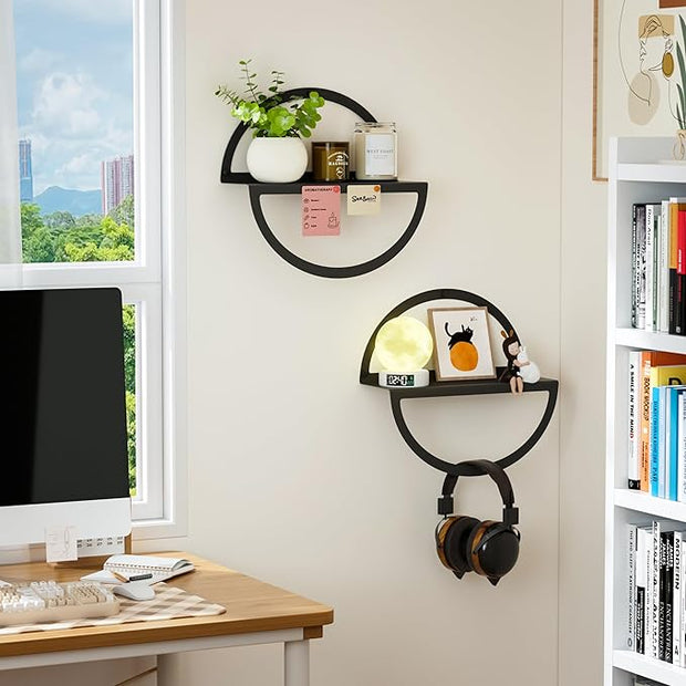 Floating Wall Shelves Set of 2, 11.8 Inch Round Metal Shelves for Wall Decor, One-Tier Small Display Shelf for Bedroom, Living Room, Bathroom, Kitchen Storage & Decoration, Black