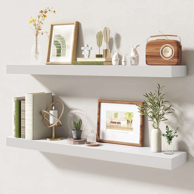 36 Inch Floating Shelves | 6.5 Inch Deep White Floating Shelves Set of 2 | 36" W x 6.5" D Rustic White Wood Wall Shelves with Invisible Brackets for Bathroom Living Room Bedroom
