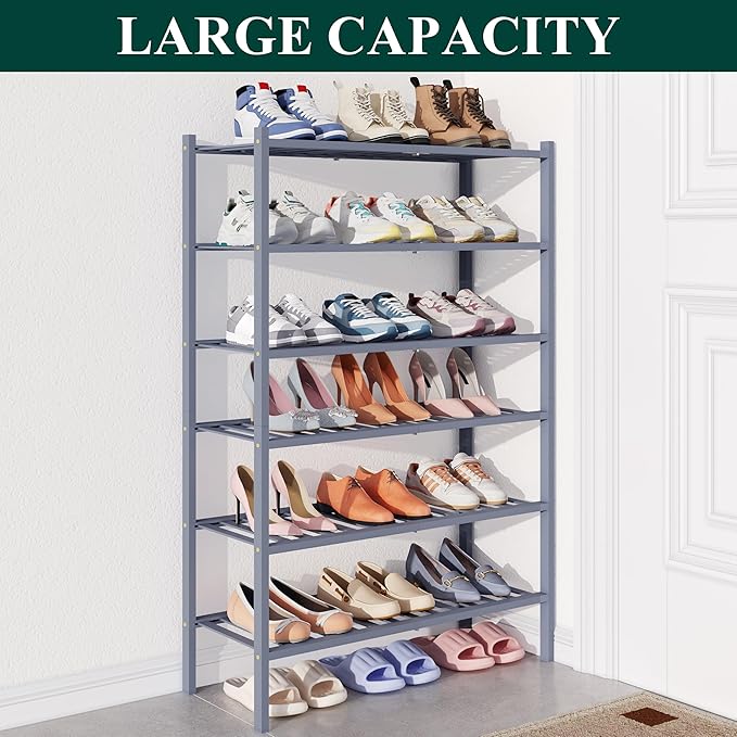 Smiry Bamboo Shoe Rack for Closet, 6 Tier Wooden Stackable Shoe Organizer, Free Standing Shoes Storage Shelf for Entryway, Front Door Entrance, Grey