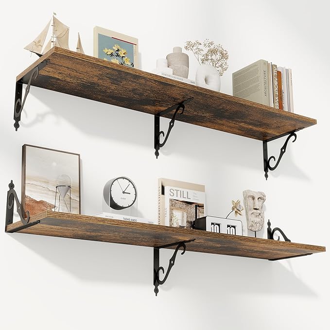 RICHFOCUS 12 Inch Deep Floating Shelves for Wall, 48" W x 12" D Wood Wall Shelves Set of 2, Wide Floating Shelves for Living Room, Bedroom, Kitchen, Bathroom and Decor Storage, Rustic Brown