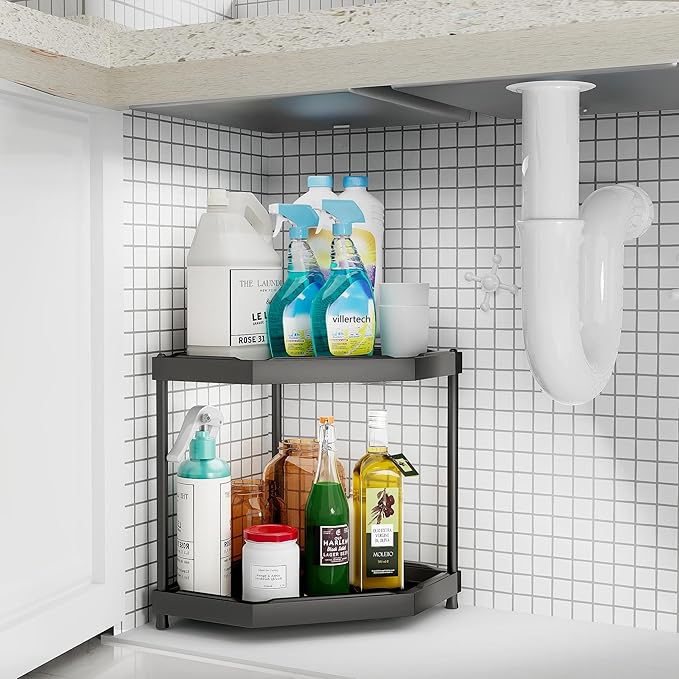 Kitchen Corner Shelf Countertop 2 Tier Bathroom Counter Organizer Cabinet Corner Storage Shelf Spice Rack Makeup Organizer Under Sink Organizer Black