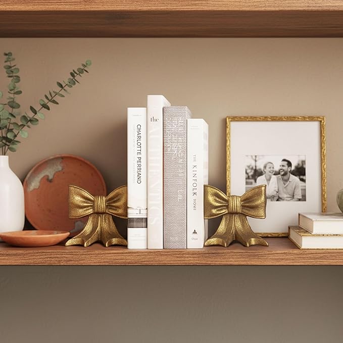 Gold Bow Metal Bookends Set of 2 Heavy Duty Cast Iron Book Ends for Heavy Books Unique Modern Decorative Book Holders for Shelves Home Accent Decor